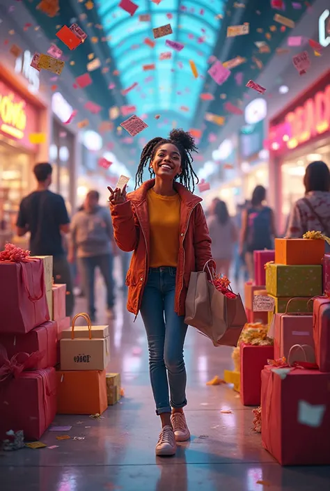 A dynamic, hyper-detailed scene of a lively shopaholic surrounded by towers of shopping bags, glossy gift boxes, and colorful re...