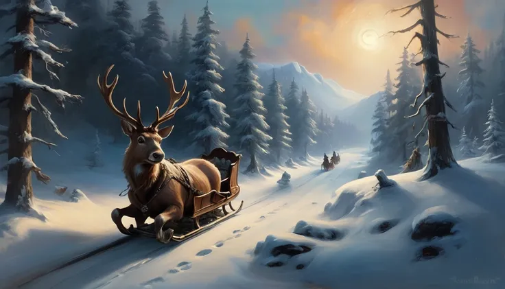 painting of a sleigh pulled by reindeer with a white smiling rabbit on board running on a snowy forest in a snowy iced valley, m...