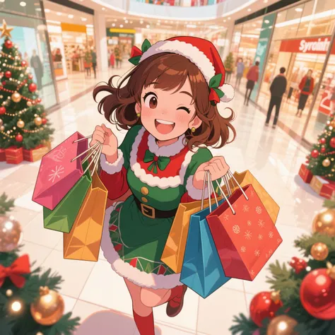 A Brunette Brown haired Girl, Shopoholic girl shopping at the mall, Christmas, holding Alot of mall shopping bags. smile on her ...