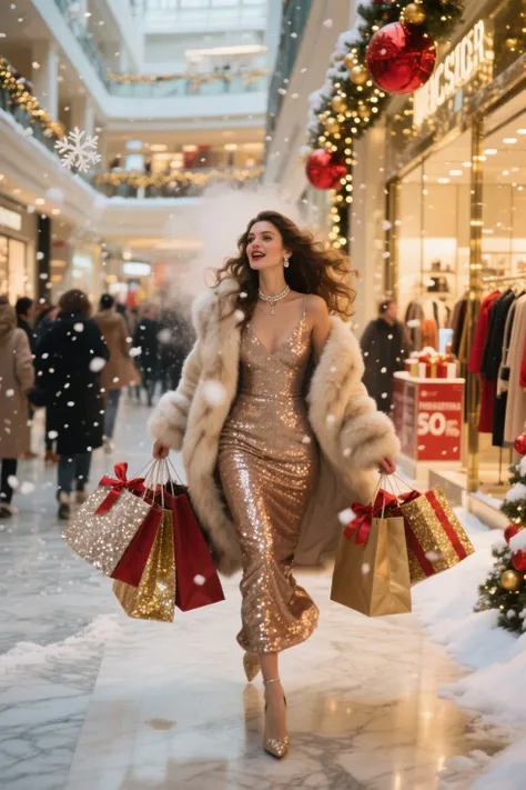 ultra-realistic, award-winning photographic quality, 16k realism, Christmas season, bustling luxury shopping mall interior, soft...