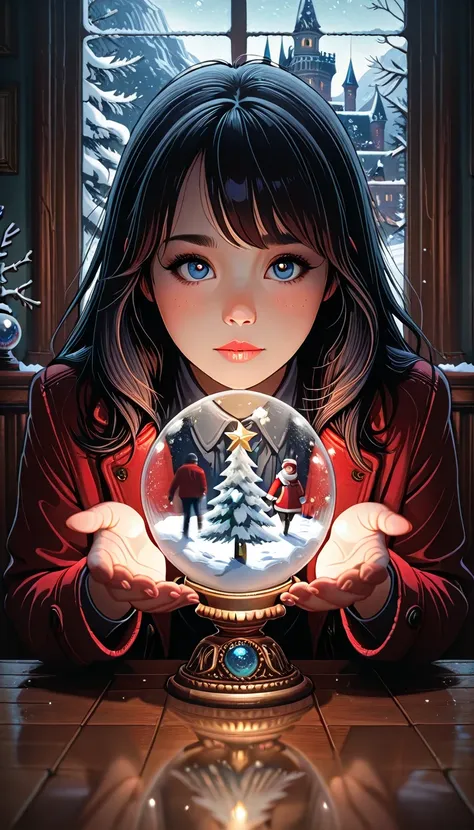the girl in a red coat picks up a snow globe on the snowy promenade、holding your breath。0 softly melts the surrounding light、of ...
