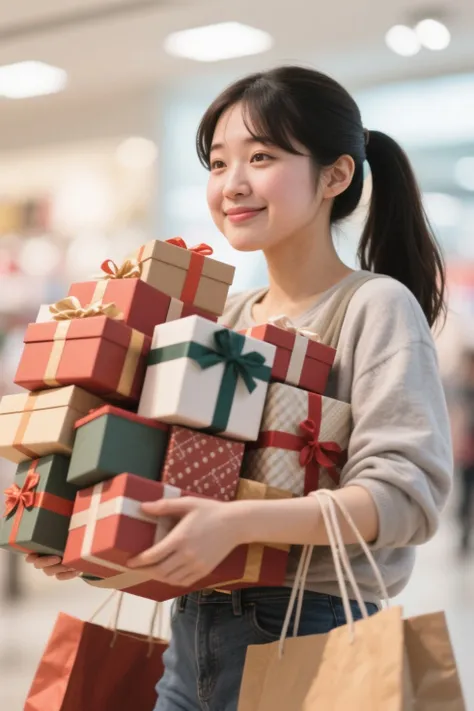 Ponytail woman holding a large number of gift boxes、I'm buying too much、Japanese woman with a heavy face、shopping、Realistic、