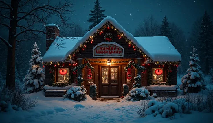 Snow-covered Santa’s Workshop exterior at night, Christmas lights flickering unnaturally, red ornament eyes visible through fros...