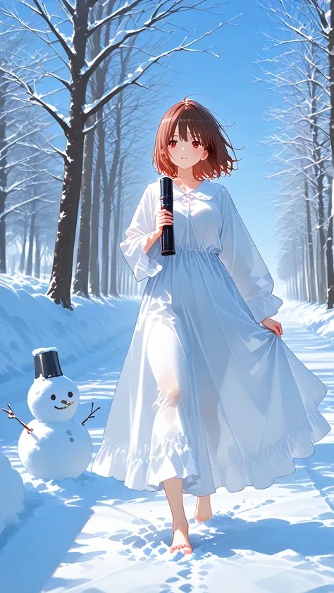 A beautiful girl in a graduation gown is running and playing in the snow. A snowman.