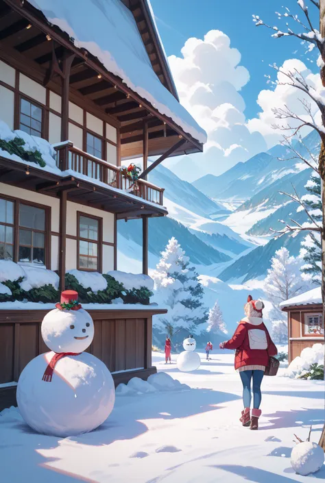 high image quality、 snowball fight、Winter Outfit、A girl in a snowball fight holds her head and hides in the shadow of a snowman、...
