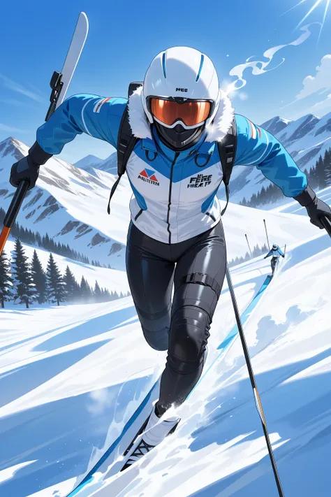 alpine skiing　Two players　Dead Heat　snow smoke