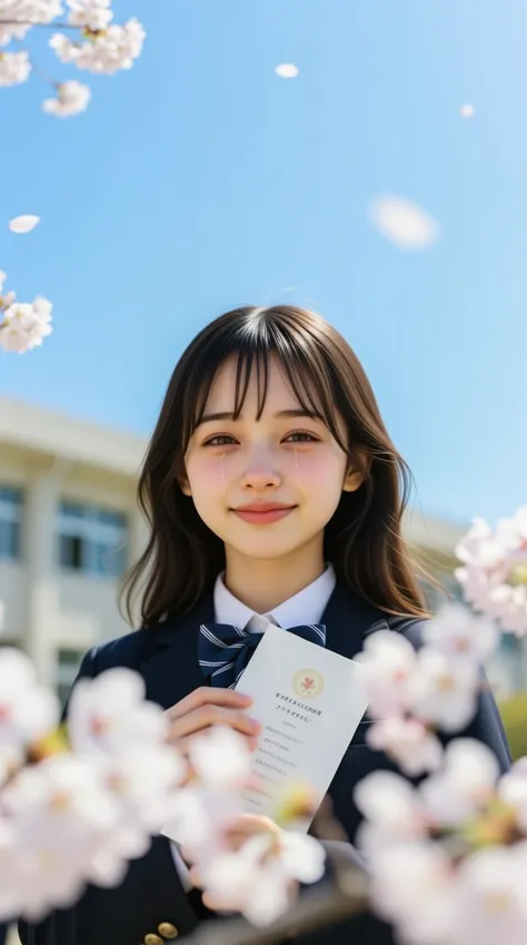 (masterpiece, shallow depth of field, highest quality), Realistic photography, spring graduation ceremony, Japanese high school ...