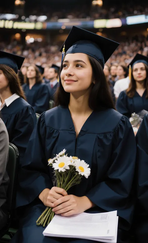Best quality, documentary-style photorealistic shot of a young american woman sitting near the front row after receiving her dip...