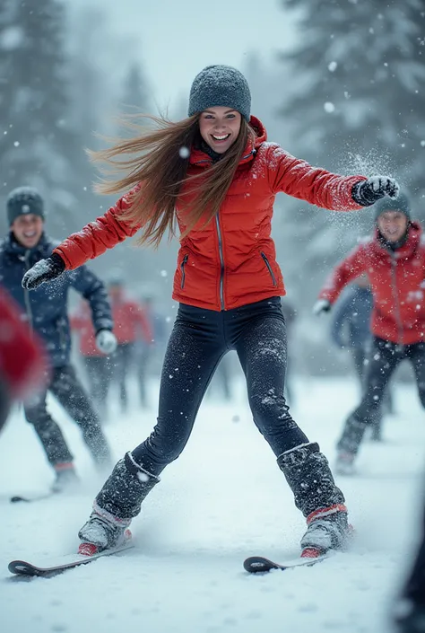 Wild dynamic Snowball fight, group of young people having fun throwing snowballs at each other in a snowy landscape, focus on a ...