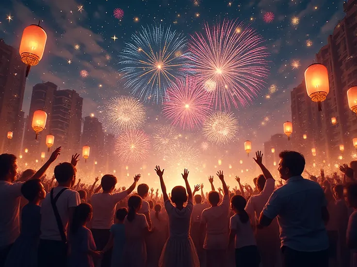 The scene of people celebrating New Year's Eve, with colorful fireworks and real style lanterns is super beautiful,scale 4:3