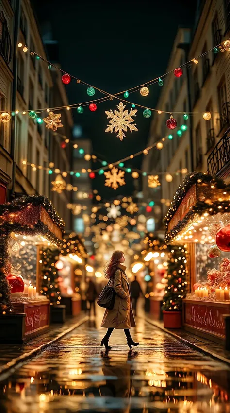 A woman is walking down a narrow alleyway at night, dressed in a long, warm winter coat and carrying a bag over her shoulder. Th...