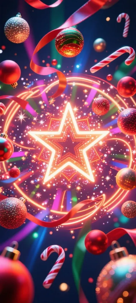 Vibrant Christmas wallpaper featuring a kaleidoscope of dynamic baubles, candy canes, and ribbons twirling in mid-air. Intense l...