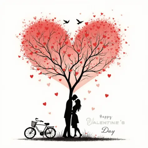 “Happy Valentine’s Day romantic illustration, couple silhouette under a heart-shaped tree, red hearts, elegant black calligraphy...