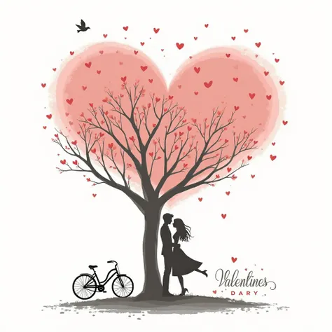 “Happy Valentine’s Day romantic illustration, couple silhouette under a heart-shaped tree, red hearts, elegant black calligraphy...