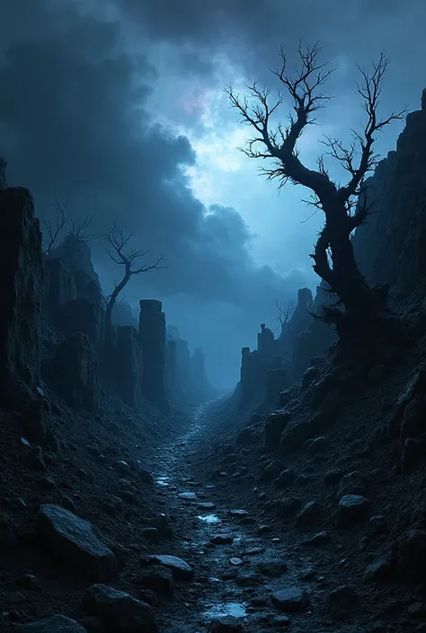 It's a dark and eerie scene with a mysterious and ethereal light, evoking a foreboding, unseen presence. Focus on a desolate, ro...