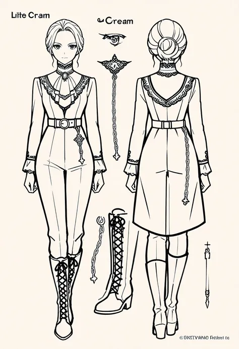 Full body design reference sheet of an Elegant Dark Academia outfit, Victorian style, professional fashion sketch illustration, ...