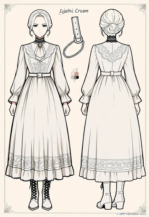 Full body design reference sheet of an Elegant Dark Academia outfit, Victorian style, professional fashion sketch illustration, ...