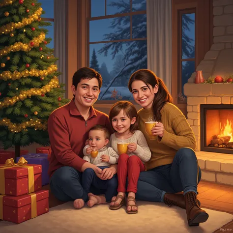 draw a happy family sitting next to the fireplace. in the hands of children with cocoa and children are sitting in their parents...