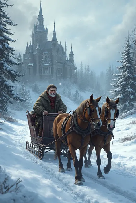 take a photo of the winter castle and add Marosa's grandfather and their horses on a sleigh. Do it in the style of a cold heart