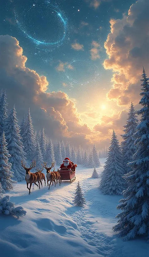 A fantasy snowy sky swirling with radiant winter lights, Santa flying past luminous clouds, reindeer leaving trails of glitterin...