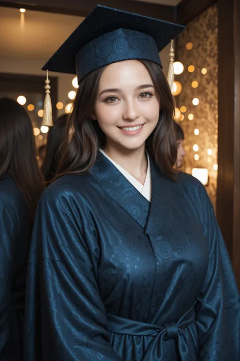 person in the graduation photo, kind eyes, detailed face, warm expression, standing posture, smiling, graduation gown, square ac...