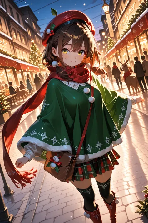 a girl, solo, model pose, shopping street fully decorated for Christmas, warm lights and red-green decorations, snowfall, evenin...
