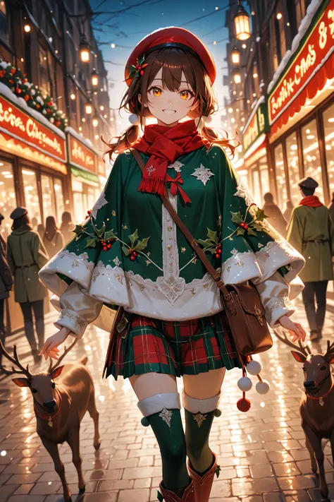a girl, solo, model pose, shopping street fully decorated for Christmas, warm lights and red-green decorations, snowfall, evenin...
