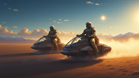 8k, Ultra detailed, realistic, a future fantasy style illustration, two military pilots armor riding two anti-gravity floating v...
