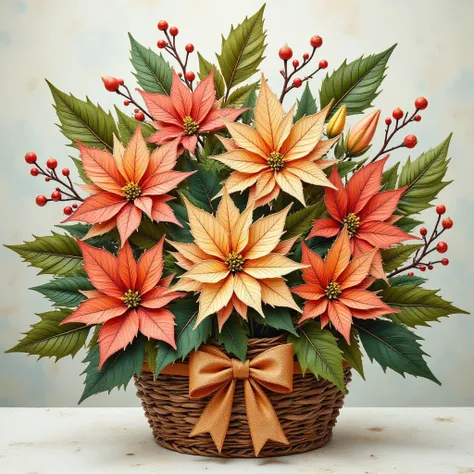 made of various leaves,basket of Christmas poinsettias in shades of peach and cream, with a gold and peach-colored bow attached ...