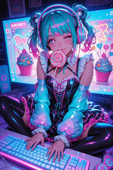 Cute, solo, sweet hacker, sitting in front of a giant cupcake-shaped , eating loli pop, computer, typing furiously on a colorful...
