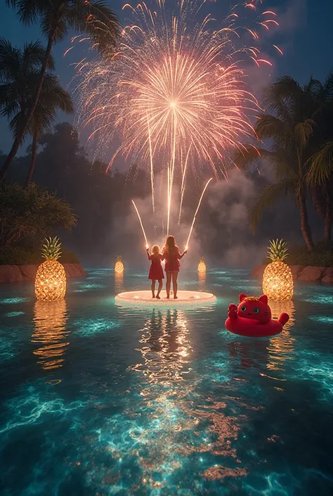 A tranquil lagoon glows from within, lit by submerged pineapple lanterns that shimmer in metallic silver, bronze, and aurora col...