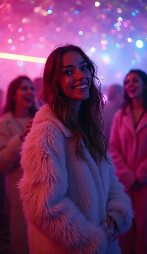 Adult pajama party inside a vibrant nightclub. A young, beautiful woman is the main subject in the foreground, perfectly front-l...