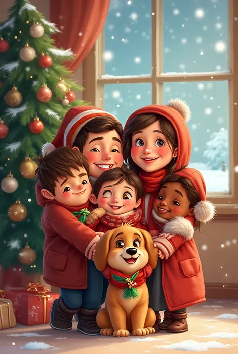 Christmas cartoon of a happy family: dad, mother, 14-year-old son, 12-year-old daughter and a fluffy Bobtail puppy with Christma...