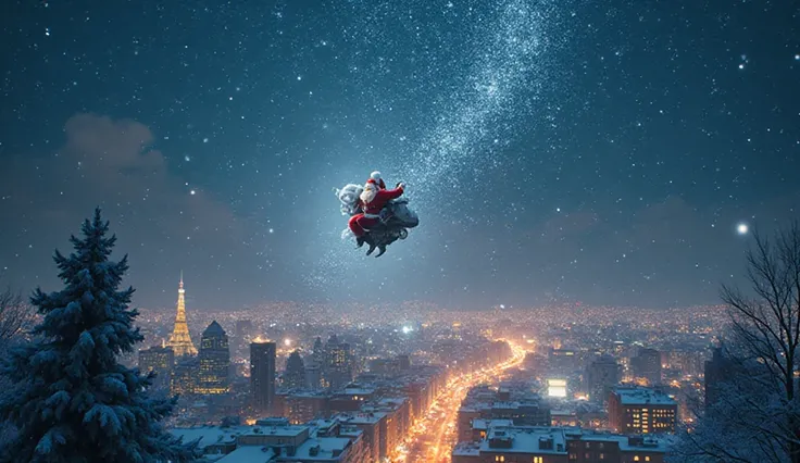 live-action、10 billion Santa falling from the sky、Santa in snowballs、Night Sky、illuminated cityscape、taken from above