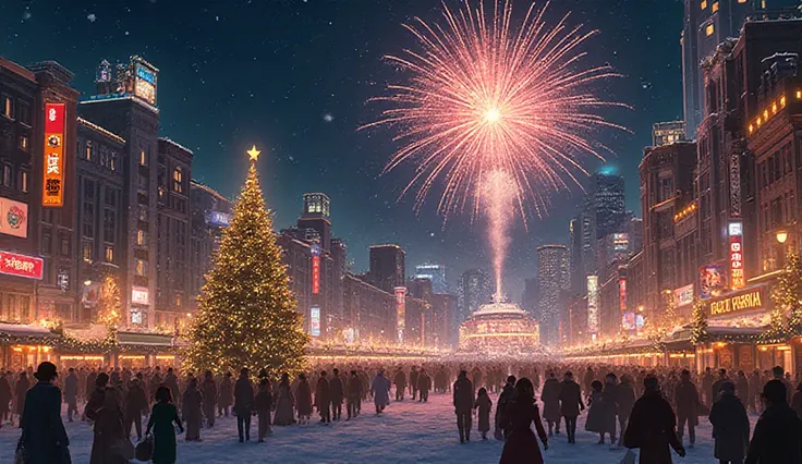 Draw a festival in the city center, the city is brightly lit, with many tall buildings illuminated, numerous neon signs, people ...