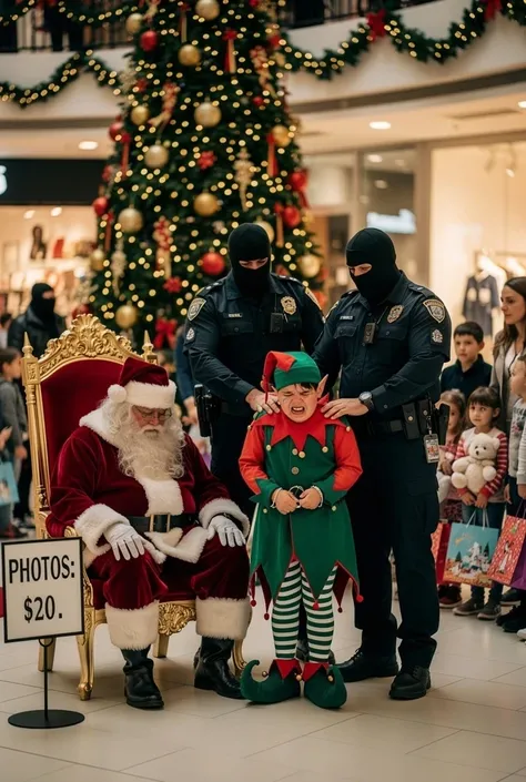 The Mall Santa Helper: A hyper-realistic shot inside a shopping mall. Santa Claus sits on his throne, looking helpless and defea...