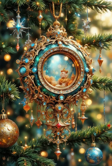 A Christmas tree decoration in the shape of a torus decorated with glitter, rhinestones, and glass beads, with multi-colored dro...