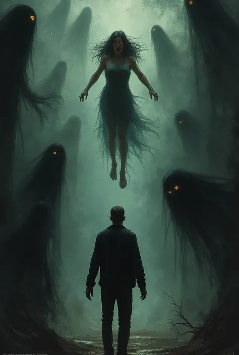 A man visits the nightmares of a young woman; she seems to be floating in the air and is surrounded by wandering dark souls, amb...