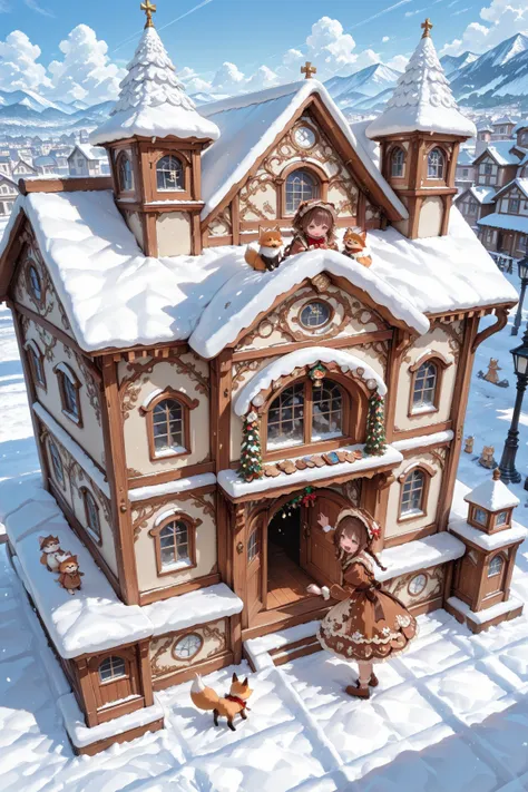 snowy town square, soft milk-tea brown twin braids girl, gingerbread cookie lolita outfit, decorating a huge gingerbread house, ...