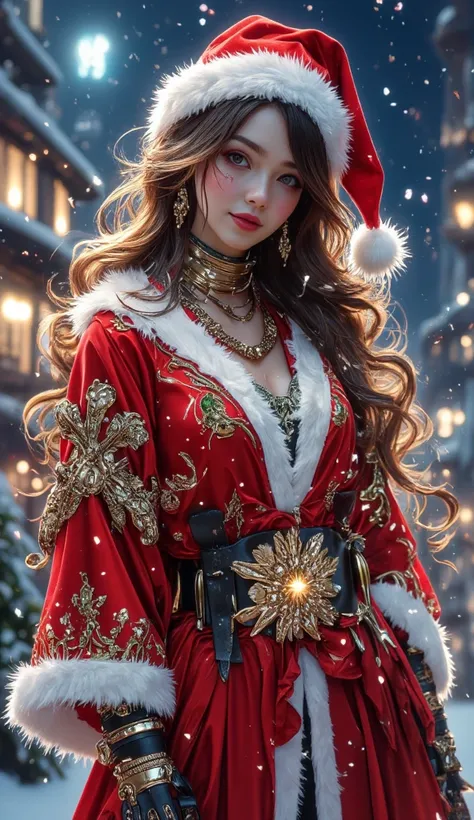 High Resolution、is very detailed、great quality、masterpiece、very beautiful、full body photo， background is a Christmas cityscape，e...