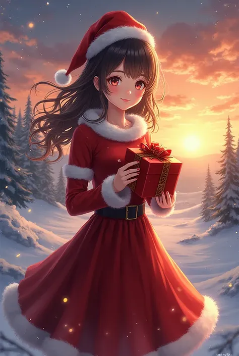 Anime-style Christmas pictures with a woman wearing a Santa dress, holding a gift box, an evening atmosphere with a sunset