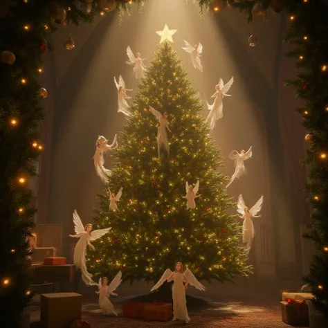 Help me create a picture of a Christmas tree, bells, and angels.