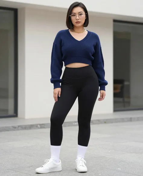A chic Asian woman with a curvy physique (hourglass figure), featuring a **sharp, short hairstyle** (like a sleek bob) and weari...