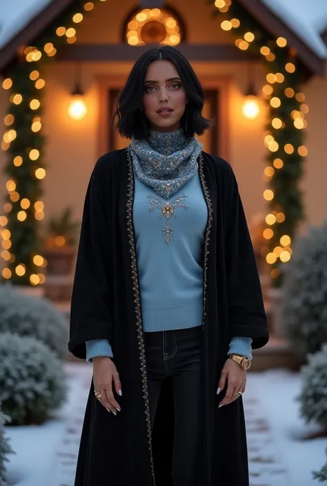 A beautiful woman with a perfectly sculpted hourglass figure stands confidently in front of her festively decorated home, the wa...