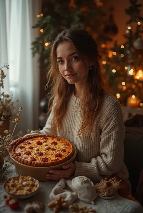 Домашняя зимняя фотосессия: молодая девушка с короткими аккуратными волосами сидит на диване в объёмном новогоднем свитере, укра...