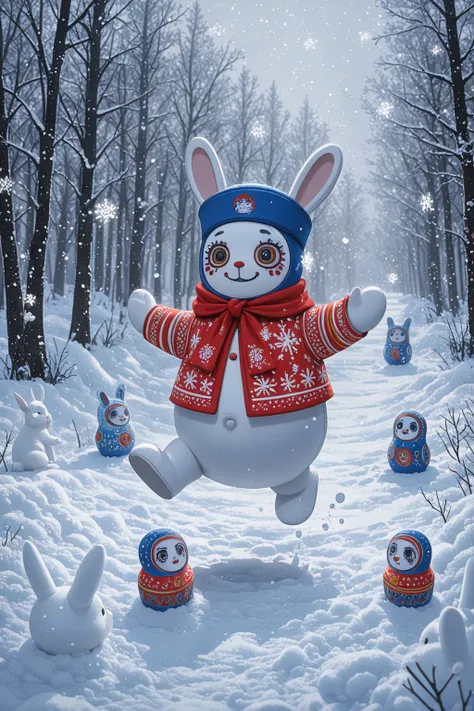 A digital illustration showing a blue Russian-style matryoshka doll wearing a blue hat with red and yellow stripes and a cheeky ...