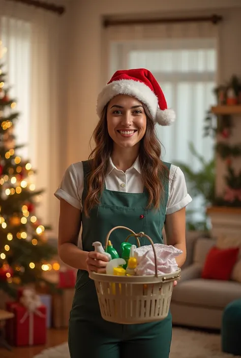 A portrait of a friendly professional female cleaner in a neat uniform and a Santa hat, holding a cleaning basket with supplies....