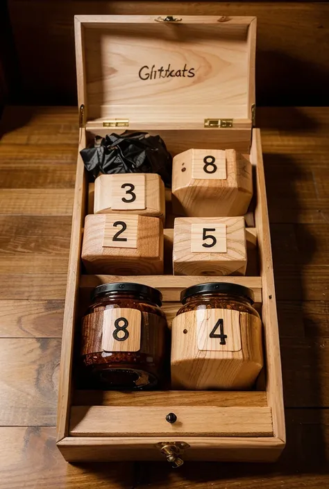 create an image . the image has numbers from 1 to 9 written in ATTRACTIVE GIFT boxes on a wooden board. let the numbers be bold ...