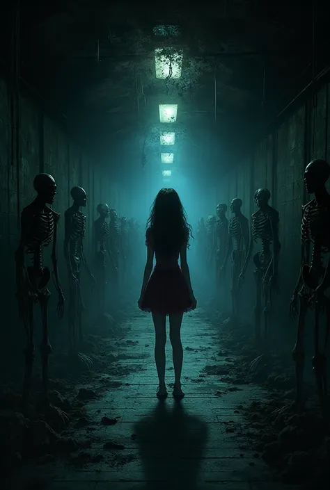 Create a very dark underground station with low light , some broken ceiling lights , a beautiful girl waiting for the train and ...