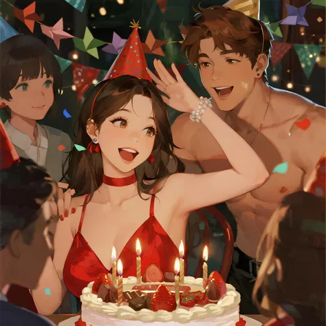 masterpiece、Highest Quality、oil、Photorealistic、（Birthday Party、Decorations Decorated with Origami、家族に囲まれるgirls、Large Cake with C...